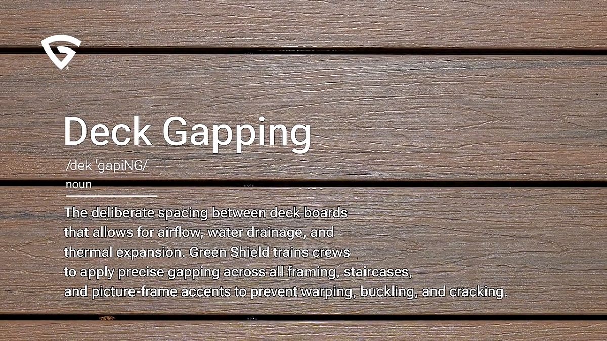 Green Shield Deck Gapping definition over Tropical Walnut wood-free composite deck boards demonstrating deck gapping in practice.