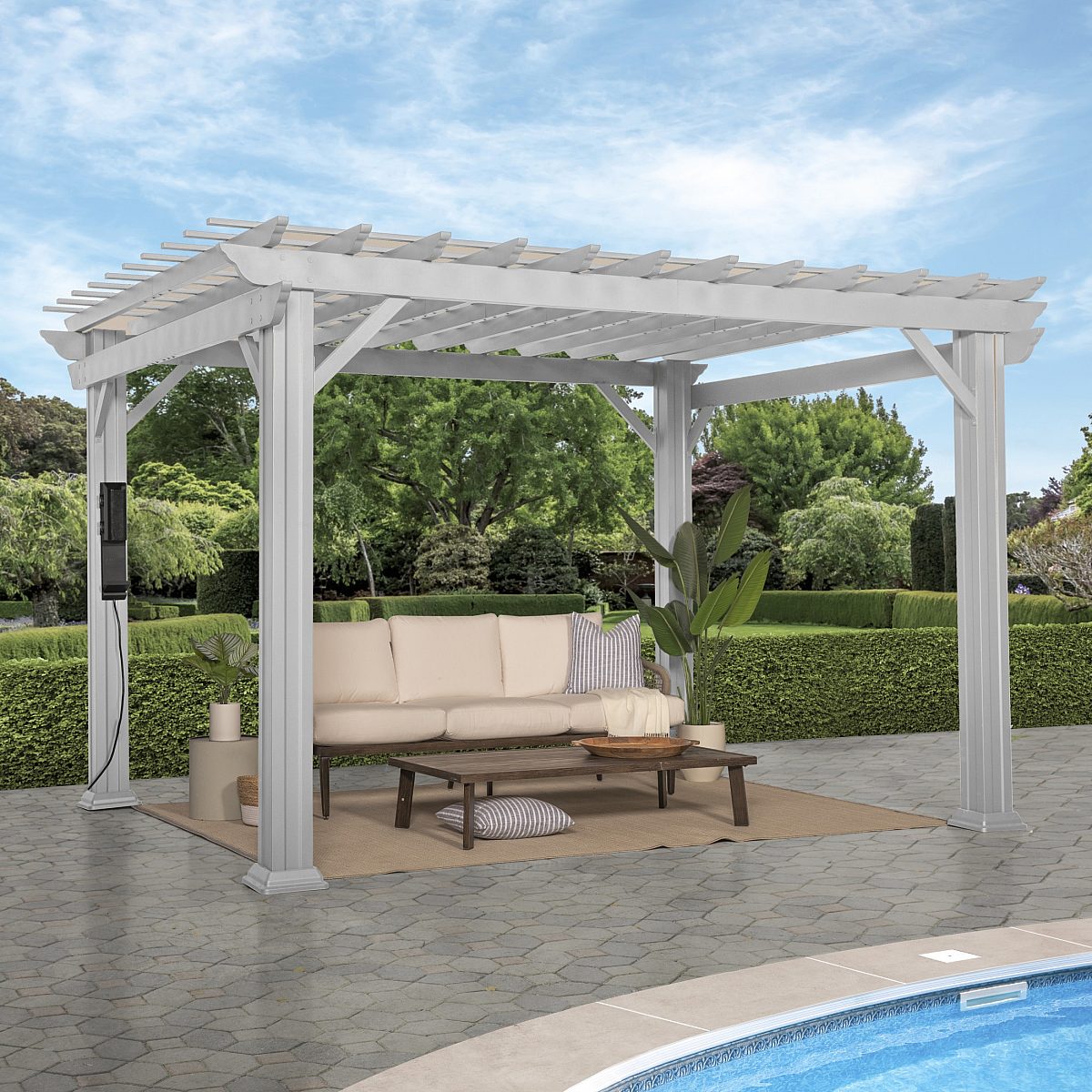 2105102 B 12 X 10 Traditional Steel White Fixed Pergola Canopy 1 ok