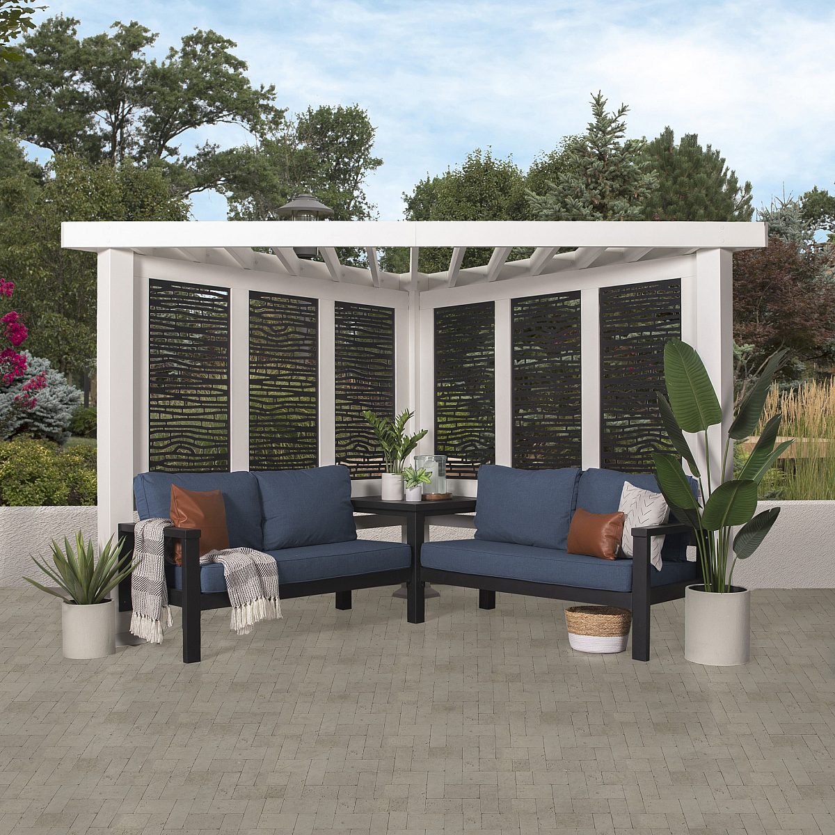 2102620 Steel White Fixed Pergola Privacy Canopy Seating Indigo 1 ok